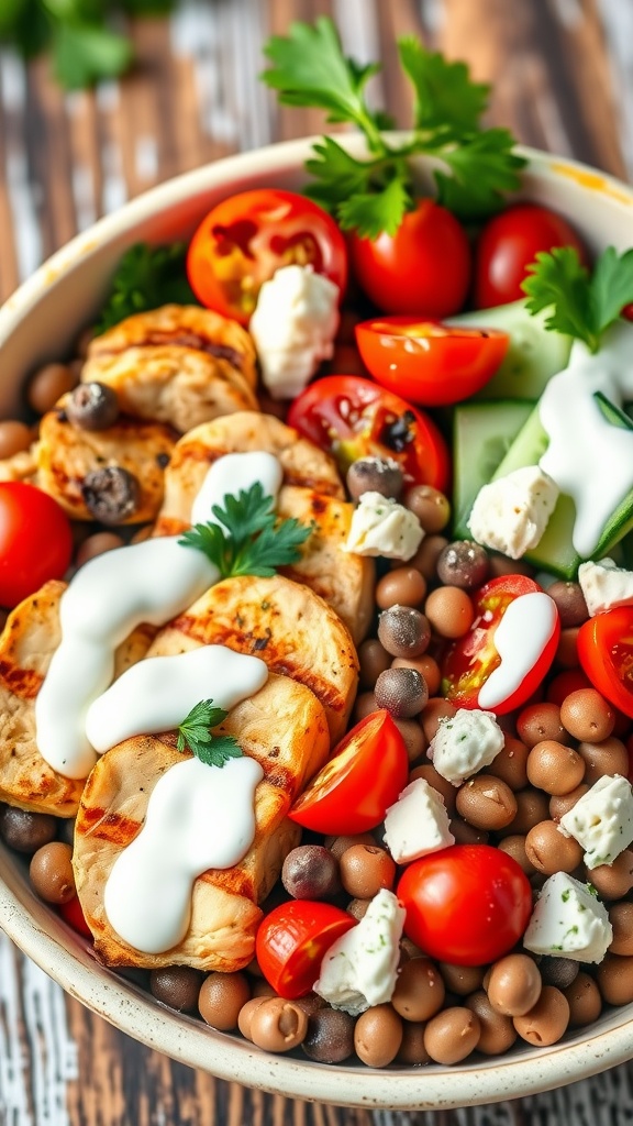 Healthy Greek chicken bowl with black eyed peas, grilled chicken, fresh vegetables, and yogurt dressing.